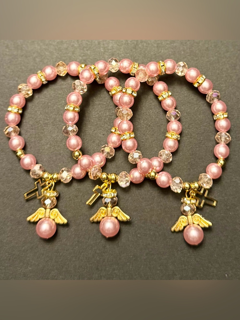 Pink Pearl Angel Charm Stretch Bracelet - Fashion Jewelry